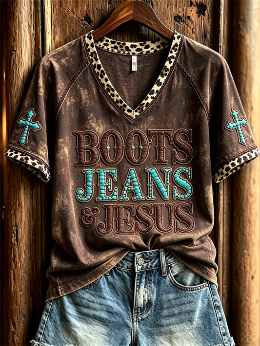 Women's Vintage Boots Jeans & Jesus Western Cross Leopard Print short-sleeved T-shirt