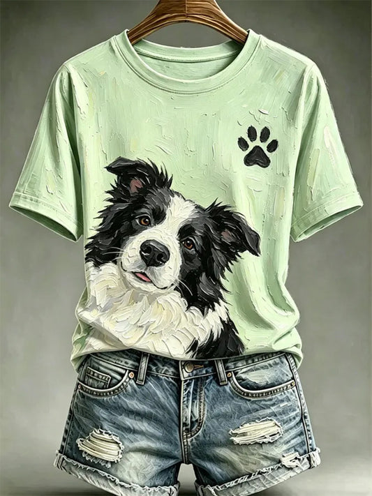 Women's Dog Oil Painting Style Printed Casual T-shirt