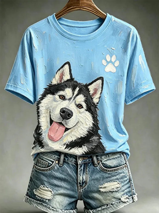 Women's Dog Oil Painting Style Printed Casual T-shirt