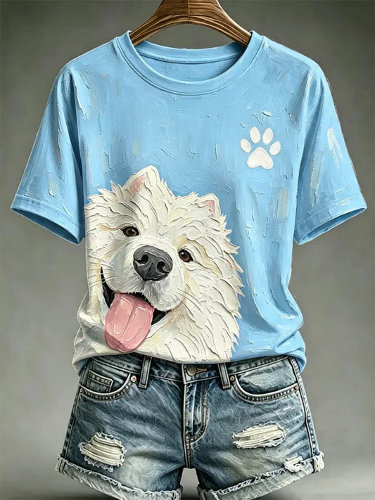 Women's Dog Oil Painting Style Printed Casual T-shirt