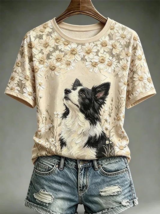 Women's Dog Oil Painting Style Printed Casual T-shirt
