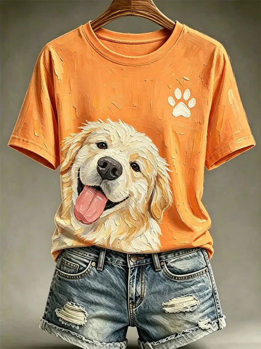 Women's Dog Oil Painting Style Printed Casual T-shirt