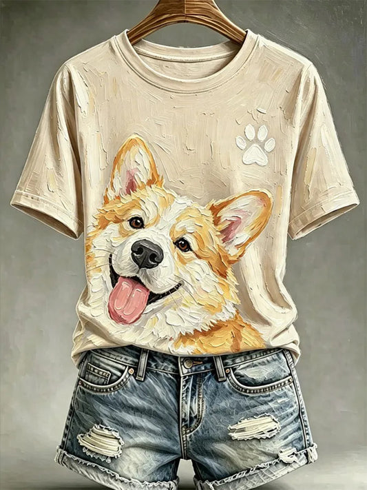 Women's Dog Oil Painting Style Printed Casual T-shirt