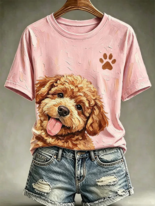 Women's Dog Oil Painting Style Printed Casual T-shirt