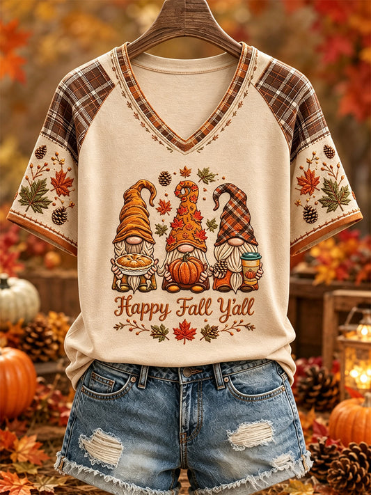 Women's Fall Print Casual V-Neck Tee