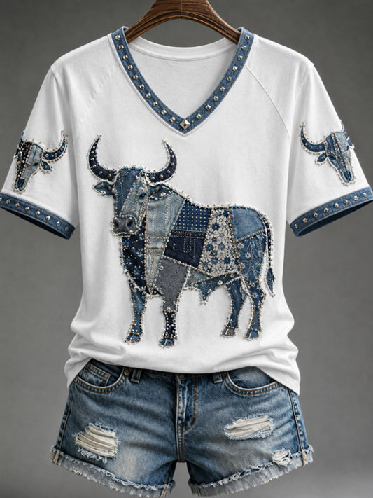 Women's V-neck off-shoulder short-sleeved T-shirt