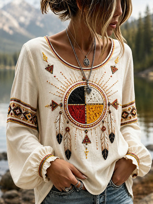 Women's Indigenous Art Cotton Linen Shirt