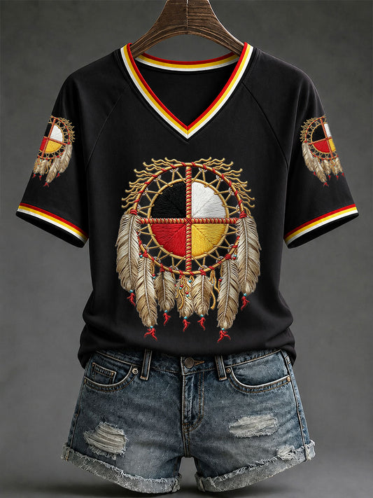 Women's Native Medicine Wheel Dreamcatcher V-Neck T-Shirts