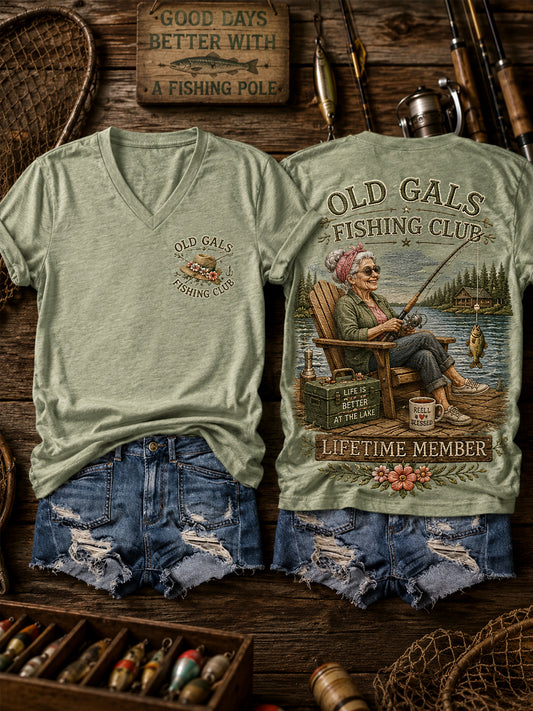 Women's Funny Old Gals Fishing Club Lifetime Member Print Casual V-Neck Tee