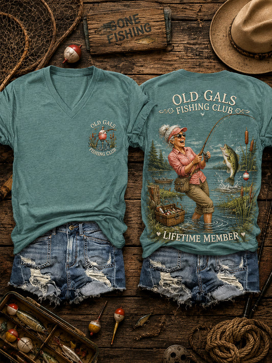 Women's Funny Old Gals Fishing Club Lifetime Member Print Casual V-Neck Tee