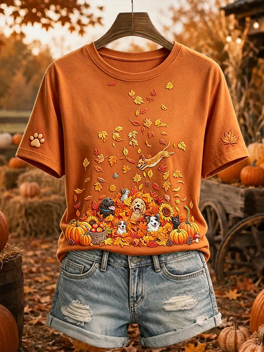 Women's Cute Dogs and Cats Fall Art Print Short-sleeved T-shirt