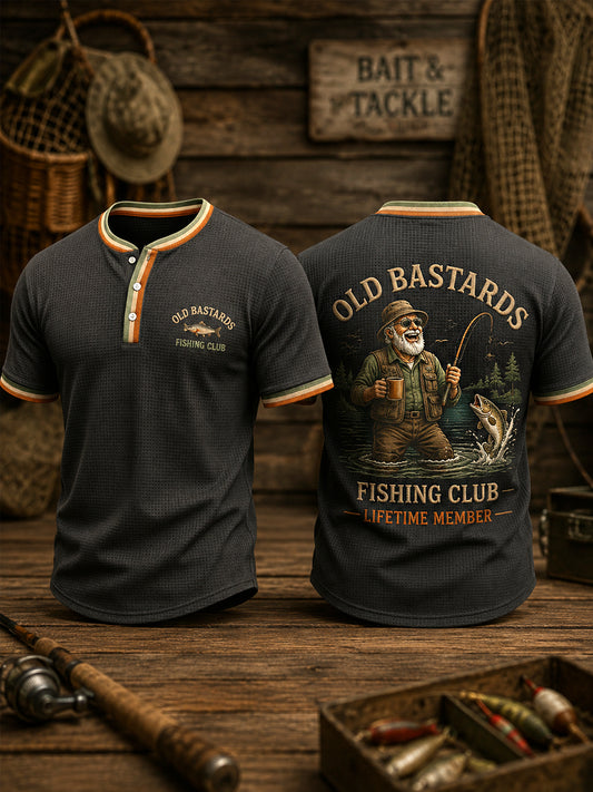 Men's Funny Old Bastards Fishing Club Lifetime Member Print Casual Waffle Tee