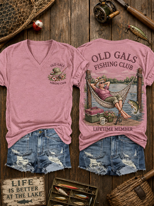 Women's Funny Old Gals Fishing Club Lifetime Member Print Casual V-Neck Tee