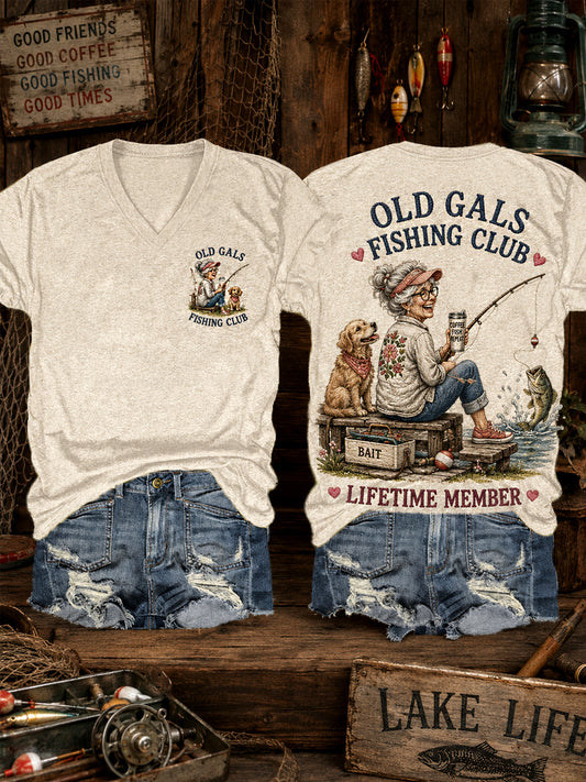 Women's Funny Old Gals Fishing Club Lifetime Member Print Casual V-Neck Tee