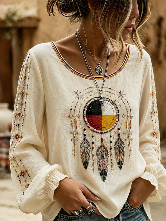 Women's Indigenous Art Cotton Linen Shirt