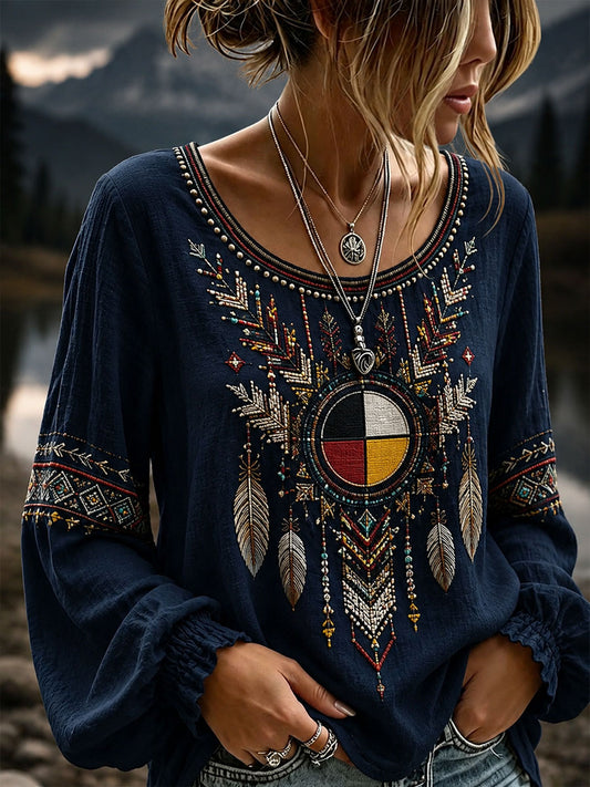 Women's Indigenous Art Cotton Linen Shirt