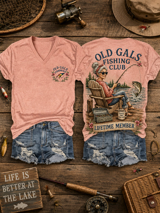 Women's Funny Old Gals Fishing Club Lifetime Member Print Casual V-Neck Tee