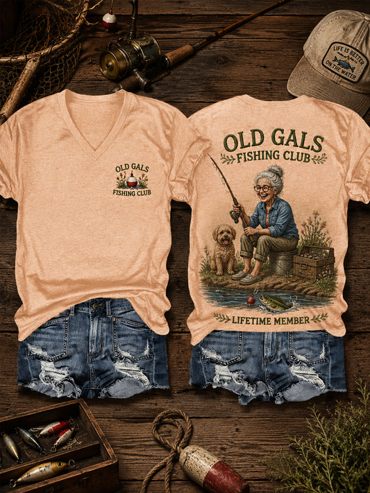 Women's Funny Old Gals Fishing Club Lifetime Member Print Casual V-Neck Tee