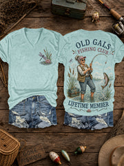 Women's Funny Old Gals Fishing Club Lifetime Member Print Casual V-Neck Tee