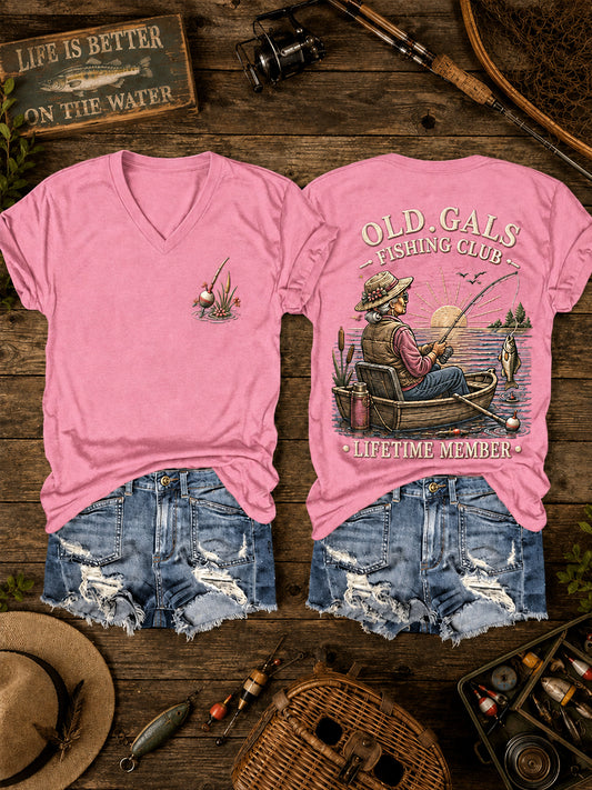 Women's Funny Old Gals Fishing Club Lifetime Member Print Casual V-Neck Tee