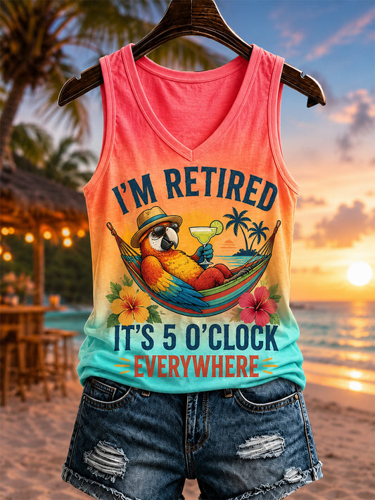 Women's I'm Retired It's 5 O'clock Everywhere Parrot Print Casual V-Neck Vest