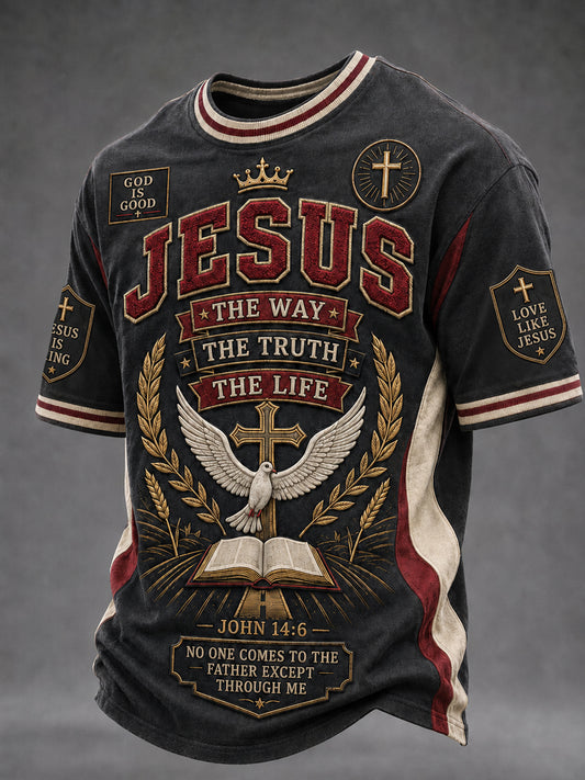 Men's Christian JESUS THE WAY, THE TRUTH, THE LIFE Cross O-neck Short Sleeve T-shirt