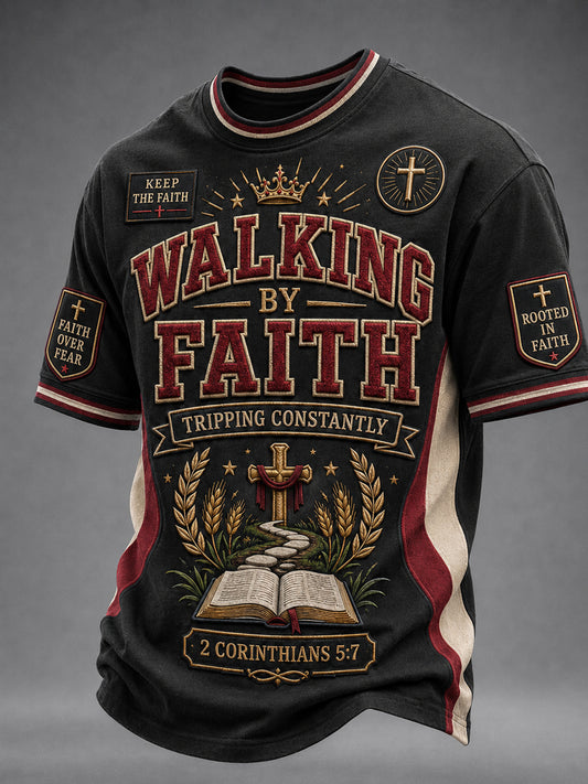Men's Christian Walking By Faith, Tripping Constantly Cross O-neck Short Sleeve T-shirt