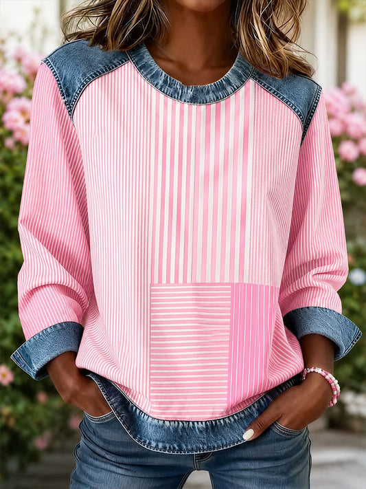 Women's Striped Print Denim Patchwork Top