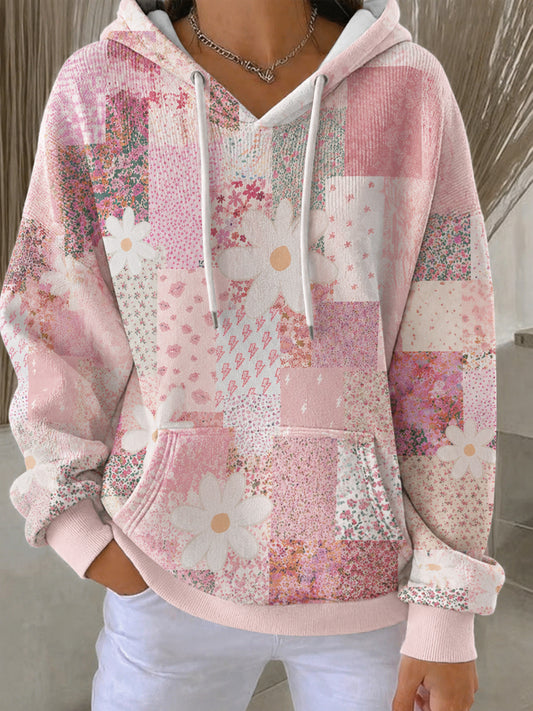 Women's Breast Cancer Pink Flowers Print Casual Hoodie