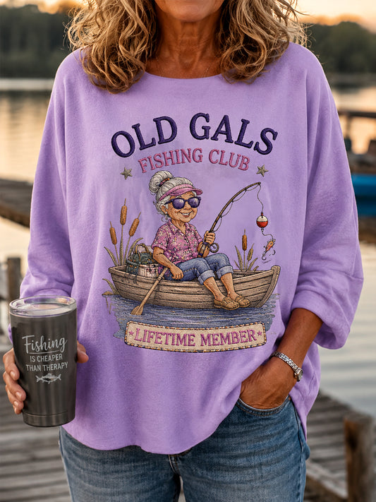 Women's Funny Old Gals Fishing Club Lifetime Member Print Casual Long-Sleeve Top