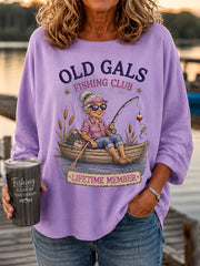 Women's Funny Old Gals Fishing Club Lifetime Member Print Casual Long-Sleeve Top