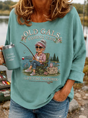 Women's Funny Old Gals Fishing Club Lifetime Member Print Casual Long-Sleeve Top