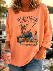 Women's Funny Old Gals Fishing Club Lifetime Member Print Casual Long-Sleeve Top