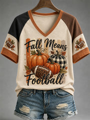 Women's Fall Means Football Print Casual V-Neck Tee