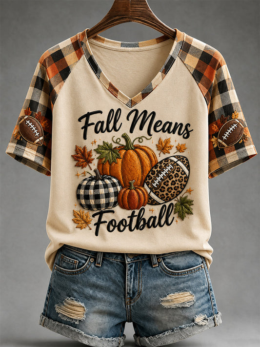 Women's Fall Means Football Print Casual V-Neck Tee