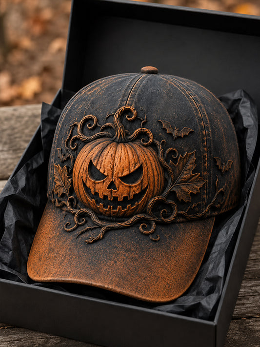 Unisex Retro Halloween Pumpkin Face Bat Print Hat