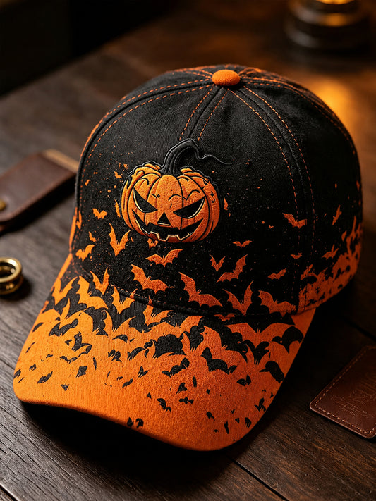 Unisex Retro Halloween Pumpkin Face Bat Print Hat