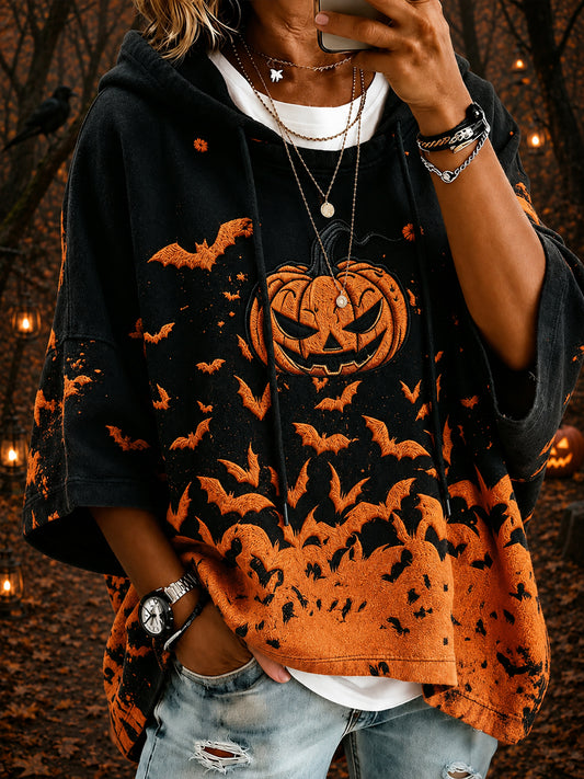 Women’s Retro Halloween Pumpkin Face Bats Art Short-Sleeve Hoodie