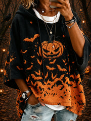Women’s Retro Halloween Pumpkin Face Bats Art Short-Sleeve Hoodie