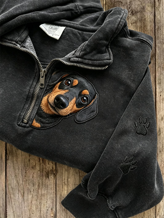 Women's Peeking Dachshund Dog & Paw Prints Zip Up Sweatshirt