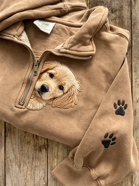 Women's Peeking Golden Retriever Dog & Paw Prints Zip Up Sweatshirt