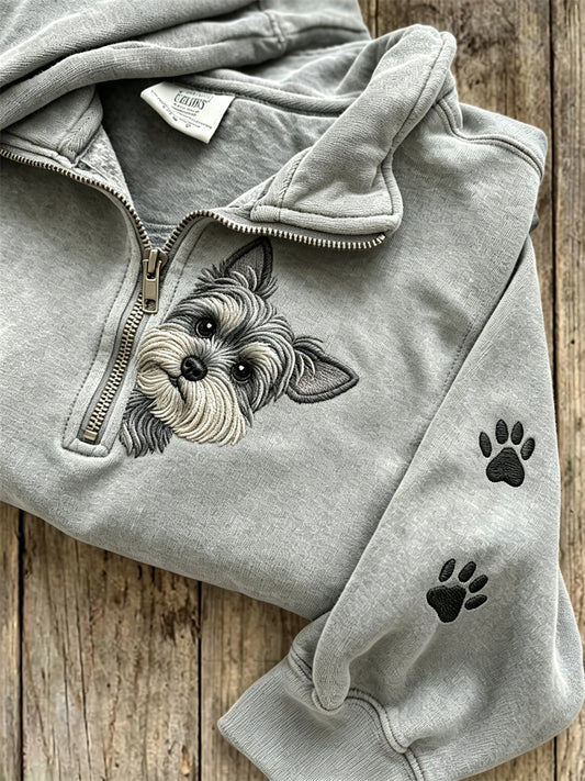 Women's Peeking Schnauzer Dog & Paw Prints Zip Up Sweatshirt