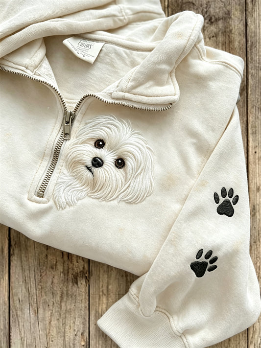 Women's Peeking Maltese Dog & Paw Prints Zip Up Sweatshirt