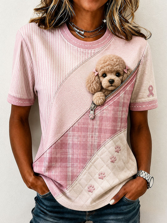 Women's Cute Poodle Pattern Patchwork Art T-Shirt