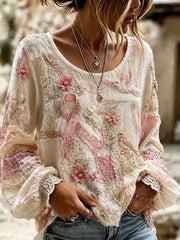 Women's Breast Cancer Prevention and Awareness Floral Print Casual Cotton-Linen Shirt