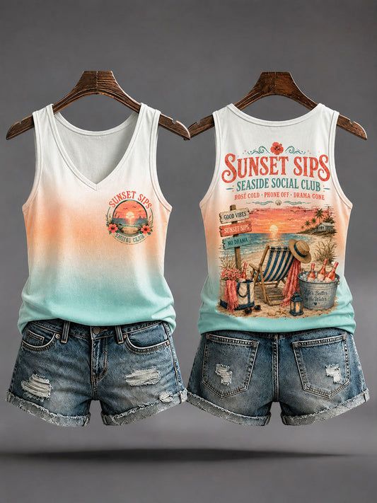 Women's "Sunset Sips Seaside Social Club Rosé Cold Phone Off Drama Gone" Vests