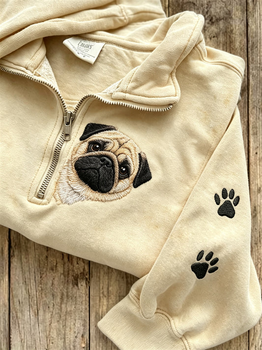 Women's Peeking Pug Dog & Paw Prints Zip Up Sweatshirt