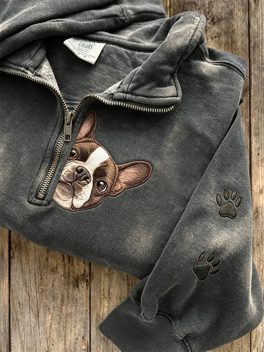 Women's Peeking French Bulldog & Paw Prints Zip Up Sweatshirt