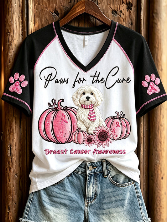 Women's Paws for the Cure Breast Cancer Awareness Maltese Dog & Pink Pumpkins Print short-sleeved T-shirt