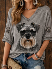 Women's Cute Miniature Schnauzer Art  Mid-length Sleeves V-Neck T-Shirt